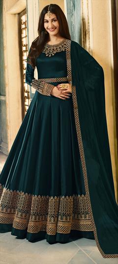 Engagement, Reception, Wedding Blue color Salwar Kameez in Georgette fabric with Anarkali Bugle Beads, Embroidered, Lace, Thread work : 1621599