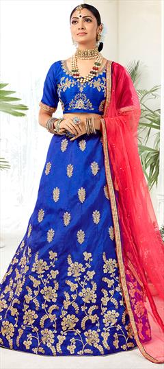 Festive, Party Wear Blue color Lehenga in Silk fabric with A Line Embroidered, Moti, Stone, Thread, Zari work : 1621889