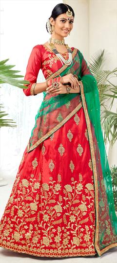 Festive, Party Wear Red and Maroon color Lehenga in Silk fabric with A Line Embroidered, Moti, Stone, Thread, Zari work : 1621890