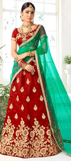 Festive, Party Wear Red and Maroon color Lehenga in Silk fabric with A Line Embroidered, Moti, Stone, Thread, Zari work : 1621893