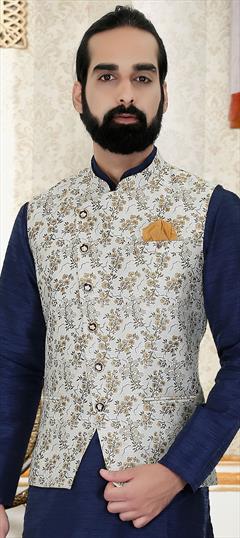 White and Off White color Nehru Jacket in Jacquard fabric with Printed work : 1622200