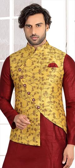 Yellow color Nehru Jacket in Jacquard fabric with Printed work : 1622202