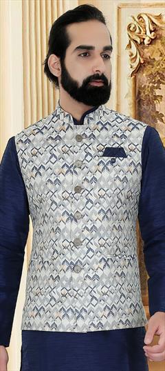 Black and Grey color Nehru Jacket in Brocade fabric with Printed work : 1622203