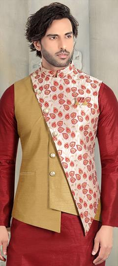Gold, White and Off White color Nehru Jacket in Jacquard fabric with Printed work : 1622205