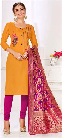 Festive, Party Wear Orange color Salwar Kameez in Cotton fabric with Churidar, Straight Embroidered, Resham, Thread work : 1622381