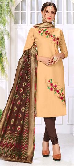 Festive, Party Wear Beige and Brown color Salwar Kameez in Cotton fabric with Churidar, Straight Embroidered, Resham, Thread work : 1622383