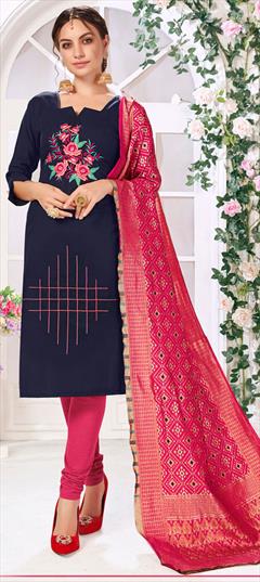 Festive, Party Wear Blue color Salwar Kameez in Cotton fabric with Churidar, Straight Embroidered, Resham, Thread work : 1622388