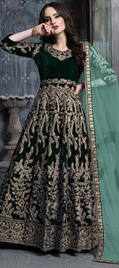 Festive, Reception Green color Salwar Kameez in Semi Velvet fabric with Abaya, Anarkali Embroidered, Thread, Zari work : 1622856