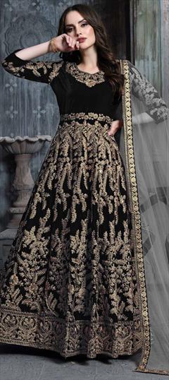 Festive, Reception Black and Grey color Salwar Kameez in Semi Velvet fabric with Abaya, Anarkali Embroidered, Thread, Zari work : 1622859