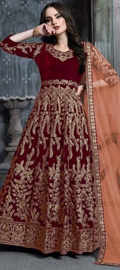 Festive, Reception Red and Maroon color Salwar Kameez in Semi Velvet fabric with Abaya, Anarkali Embroidered, Thread, Zari work : 1622860