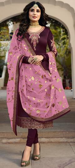 Bollywood Purple and Violet color Salwar Kameez in Georgette fabric with Churidar Embroidered, Resham, Stone, Thread, Zari work : 1622983