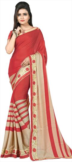 Casual, Festive Beige and Brown, Red and Maroon color Saree in Faux Chiffon fabric with Classic Embroidered, Resham, Thread work : 1623131