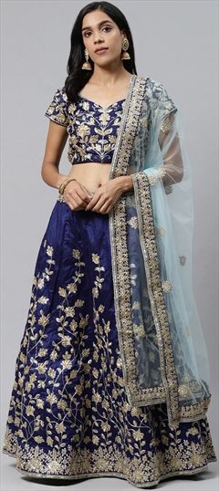 Engagement, Mehendi Sangeet, Reception Blue color Lehenga in Raw Silk fabric with A Line Embroidered, Sequence, Thread work : 1623447