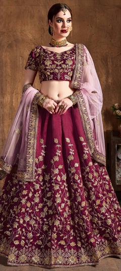 Engagement, Mehendi Sangeet, Reception Red and Maroon color Lehenga in Raw Silk fabric with A Line Embroidered, Sequence, Thread work : 1623452