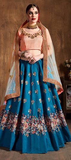 Engagement, Mehendi Sangeet, Reception Blue color Lehenga in Raw Silk fabric with A Line Embroidered, Resham, Sequence, Thread work : 1623456