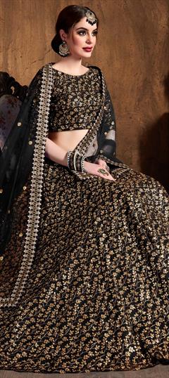 Engagement, Mehendi Sangeet, Reception Black and Grey color Lehenga in Raw Silk fabric with A Line Embroidered, Sequence, Thread, Zari work : 1623460