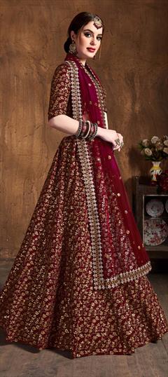 Engagement, Mehendi Sangeet, Reception Red and Maroon color Lehenga in Raw Silk fabric with A Line Embroidered, Sequence, Thread, Zari work : 1623461
