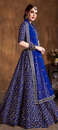 Engagement, Mehendi Sangeet, Reception Blue color Lehenga in Raw Silk fabric with A Line Embroidered, Sequence, Thread, Zari work : 1623464