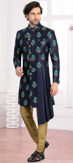 Blue color IndoWestern Dress in Brocade fabric with Thread work : 1623951