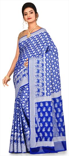 Traditional Blue color Saree in Banarasi Silk, Silk fabric with South Weaving work : 1623958