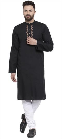 Black and Grey color Kurta Pyjamas in Blended Cotton fabric with Embroidered, Thread work : 1623971