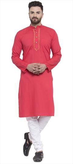 Red and Maroon color Kurta Pyjamas in Blended Cotton fabric with Embroidered, Thread work : 1623982