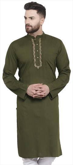 Green color Kurta in Blended Cotton fabric with Embroidered, Thread work : 1624005