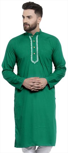 Green color Kurta in Blended Cotton fabric with Embroidered, Thread work : 1624009