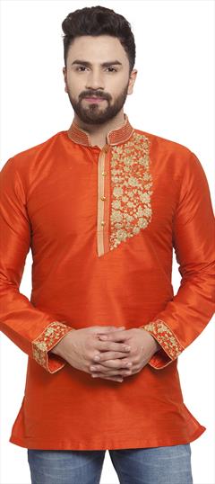 Orange color Kurta in Dupion Silk fabric with Embroidered, Thread work : 1624061