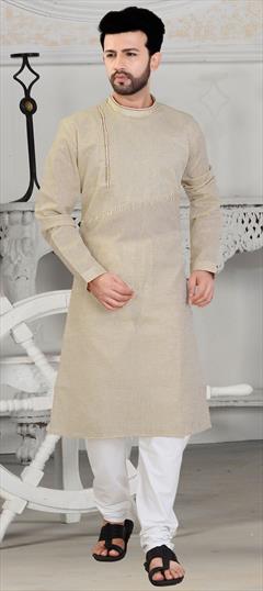 Beige and Brown color Kurta Pyjamas in Linen fabric with Embroidered, Resham, Thread work : 1624115
