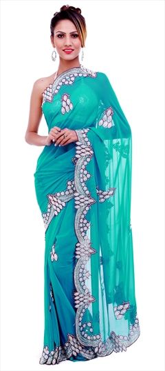 Bridal, Reception, Wedding Blue color Saree in Georgette fabric with Classic Cut Dana, Moti, Resham work : 1624549