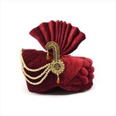 Red and Maroon color Turban in Velvet fabric with Broches, Lace work : 1625081