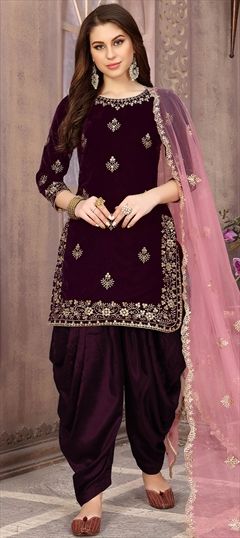 Festive, Reception Purple and Violet color Salwar Kameez in Velvet fabric with Patiala Embroidered, Stone, Thread work : 1625348