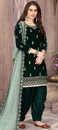 Festive, Reception Green color Salwar Kameez in Velvet fabric with Patiala Embroidered, Stone, Thread work : 1625349