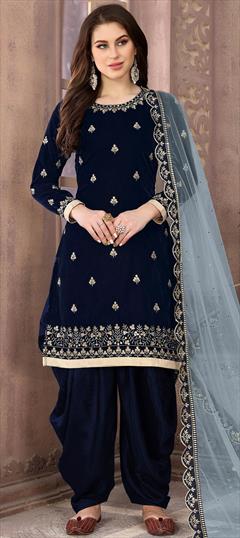 Festive, Reception Blue color Salwar Kameez in Velvet fabric with Patiala Embroidered, Stone, Thread work : 1625350