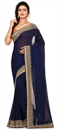Bridal, Festive, Wedding Blue color Saree in Georgette fabric with Classic Stone work : 1625818