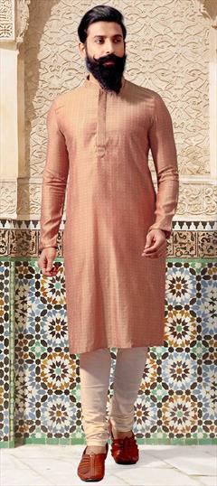 Beige and Brown color Kurta Pyjamas in Jacquard fabric with Thread work : 1626288