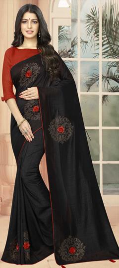 Traditional Black and Grey color Saree in Art Silk, Silk fabric with South Stone work : 1626471