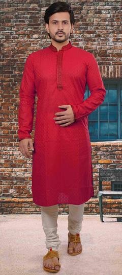Red and Maroon color Kurta Pyjamas in Cotton fabric with Thread work : 1626699