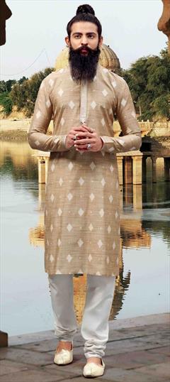 Beige and Brown color Kurta Pyjamas in Cotton fabric with Embroidered, Thread work : 1626725