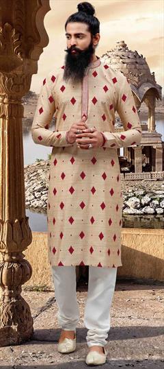 Beige and Brown color Kurta Pyjamas in Cotton fabric with Embroidered, Thread work : 1626727
