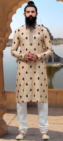 Beige and Brown color Kurta Pyjamas in Cotton fabric with Embroidered, Thread work : 1626731