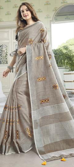Traditional Beige and Brown color Saree in Cotton fabric with Bengali Embroidered, Resham, Thread work : 1627220