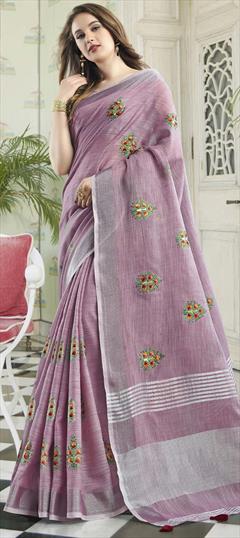 Traditional Pink and Majenta color Saree in Cotton fabric with Bengali Embroidered, Resham, Thread work : 1627222