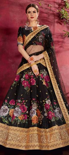 Festive, Party Wear, Reception Black and Grey color Lehenga in Bangalore Silk, Silk fabric with A Line Embroidered, Floral, Printed, Sequence, Zari work : 1627494