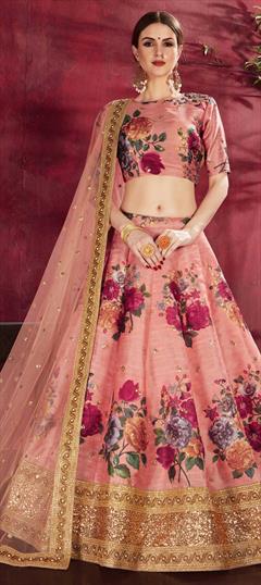 Festive, Party Wear, Reception Pink and Majenta color Lehenga in Bangalore Silk, Silk fabric with A Line Embroidered, Floral, Printed, Sequence, Zari work : 1627496