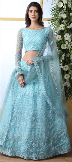 Festive, Wedding Blue color Lehenga in Net fabric with A Line Embroidered, Stone, Thread work : 1627785