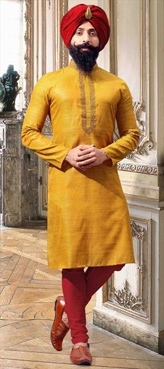 Yellow color Kurta Pyjamas in Jacquard fabric with Embroidered, Thread work : 1627907