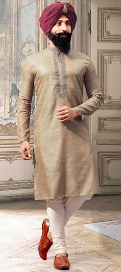 Beige and Brown color Kurta Pyjamas in Jacquard fabric with Embroidered, Thread work : 1627910
