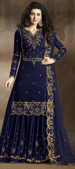 Bollywood Blue color Salwar Kameez in Satin Silk fabric with Palazzo Embroidered, Resham, Stone, Thread, Zari work : 1628672